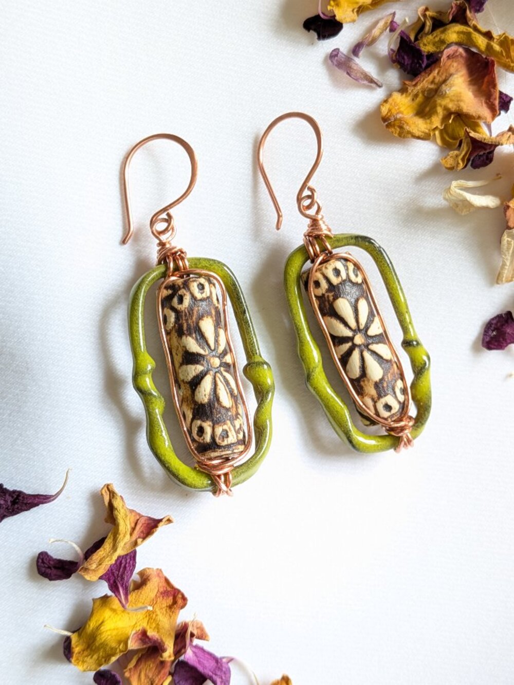 Earthy Woodland Floral Earrings with Enameled Copper Hoops - Picture 2 of 10